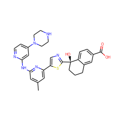 Cc1cc(Nc2cc(N3CCNCC3)ccn2)nc(-c2cnc([C@@]3(O)CCCc4cc(C(=O)O)ccc43)s2)c1 ZINC000142068116