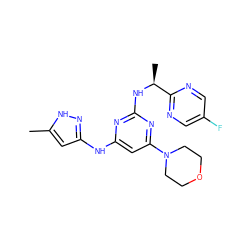 Cc1cc(Nc2cc(N3CCOCC3)nc(N[C@@H](C)c3ncc(F)cn3)n2)n[nH]1 ZINC000066100326