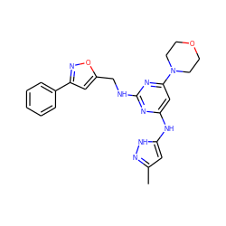 Cc1cc(Nc2cc(N3CCOCC3)nc(NCc3cc(-c4ccccc4)no3)n2)[nH]n1 ZINC000140572869