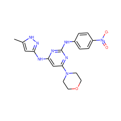 Cc1cc(Nc2cc(N3CCOCC3)nc(Nc3ccc([N+](=O)[O-])cc3)n2)n[nH]1 ZINC000169312490