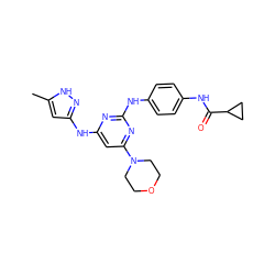 Cc1cc(Nc2cc(N3CCOCC3)nc(Nc3ccc(NC(=O)C4CC4)cc3)n2)n[nH]1 ZINC001772644320