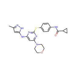 Cc1cc(Nc2cc(N3CCOCC3)nc(Sc3ccc(NC(=O)C4CC4)cc3)n2)[nH]n1 ZINC000034073138