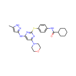 Cc1cc(Nc2cc(N3CCOCC3)nc(Sc3ccc(NC(=O)C4CCCCC4)cc3)n2)n[nH]1 ZINC001772620722