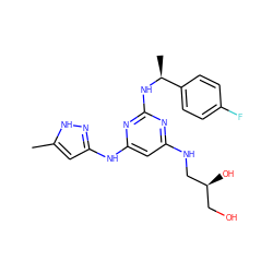 Cc1cc(Nc2cc(NC[C@@H](O)CO)nc(N[C@@H](C)c3ccc(F)cc3)n2)n[nH]1 ZINC000040860606