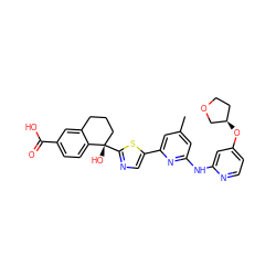 Cc1cc(Nc2cc(O[C@@H]3CCOC3)ccn2)nc(-c2cnc([C@@]3(O)CCCc4cc(C(=O)O)ccc43)s2)c1 ZINC000142346940