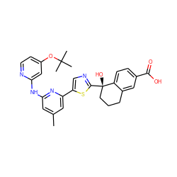 Cc1cc(Nc2cc(OC(C)(C)C)ccn2)nc(-c2cnc([C@@]3(O)CCCc4cc(C(=O)O)ccc43)s2)c1 ZINC000141968882