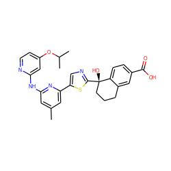 Cc1cc(Nc2cc(OC(C)C)ccn2)nc(-c2cnc([C@@]3(O)CCCc4cc(C(=O)O)ccc43)s2)c1 ZINC000142014870