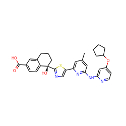 Cc1cc(Nc2cc(OC3CCCC3)ccn2)nc(-c2cnc([C@@]3(O)CCCc4cc(C(=O)O)ccc43)s2)c1 ZINC000142193881