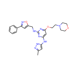 Cc1cc(Nc2cc(OCCN3CCOCC3)nc(NCc3cc(-c4ccccc4)no3)n2)[nH]n1 ZINC000139757183