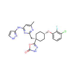 Cc1cc(Nc2cc[nH]n2)nc(C[C@]2(c3n[nH]c(=O)o3)CC[C@H](Oc3cccc(Cl)c3F)CC2)n1 ZINC000116365320