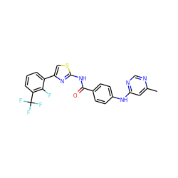 Cc1cc(Nc2ccc(C(=O)Nc3nc(-c4cccc(C(F)(F)F)c4F)cs3)cc2)ncn1 ZINC000028952830