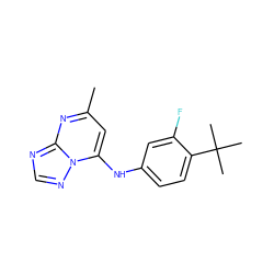 Cc1cc(Nc2ccc(C(C)(C)C)c(F)c2)n2ncnc2n1 ZINC000071296017