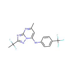 Cc1cc(Nc2ccc(C(F)(F)F)cc2)n2nc(C(C)(F)F)nc2n1 ZINC000066165954