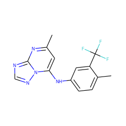 Cc1cc(Nc2ccc(C)c(C(F)(F)F)c2)n2ncnc2n1 ZINC000040822742