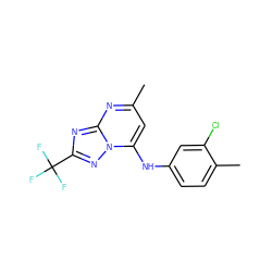 Cc1cc(Nc2ccc(C)c(Cl)c2)n2nc(C(F)(F)F)nc2n1 ZINC000007636162