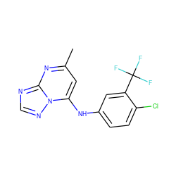 Cc1cc(Nc2ccc(Cl)c(C(F)(F)F)c2)n2ncnc2n1 ZINC000004923154