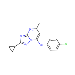 Cc1cc(Nc2ccc(Cl)cc2)n2nc(C3CC3)nc2n1 ZINC000073312595