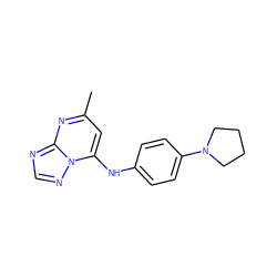 Cc1cc(Nc2ccc(N3CCCC3)cc2)n2ncnc2n1 ZINC000071280502