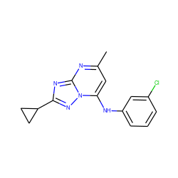 Cc1cc(Nc2cccc(Cl)c2)n2nc(C3CC3)nc2n1 ZINC000073313273