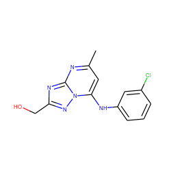 Cc1cc(Nc2cccc(Cl)c2)n2nc(CO)nc2n1 ZINC000073312190