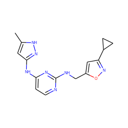 Cc1cc(Nc2ccnc(NCc3cc(C4CC4)no3)n2)n[nH]1 ZINC000084739977