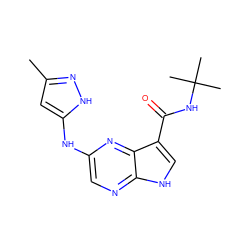 Cc1cc(Nc2cnc3[nH]cc(C(=O)NC(C)(C)C)c3n2)[nH]n1 ZINC000145184816