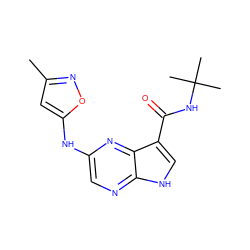 Cc1cc(Nc2cnc3[nH]cc(C(=O)NC(C)(C)C)c3n2)on1 ZINC000145285745