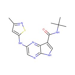 Cc1cc(Nc2cnc3[nH]cc(C(=O)NC(C)(C)C)c3n2)sn1 ZINC000145066569