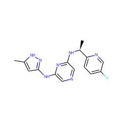 Cc1cc(Nc2cncc(N[C@@H](C)c3ccc(F)cn3)n2)n[nH]1 ZINC000045261387