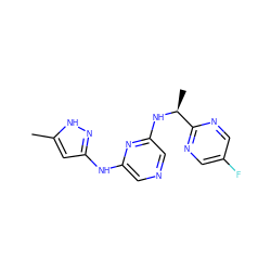 Cc1cc(Nc2cncc(N[C@@H](C)c3ncc(F)cn3)n2)n[nH]1 ZINC000045260233