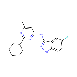 Cc1cc(Nc2n[nH]c3ccc(F)cc23)nc(C2CCCCC2)n1 ZINC000043199903