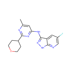 Cc1cc(Nc2n[nH]c3ncc(F)cc23)nc(C2CCOCC2)n1 ZINC000043199900