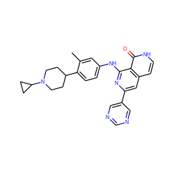 Cc1cc(Nc2nc(-c3cncnc3)cc3cc[nH]c(=O)c23)ccc1C1CCN(C2CC2)CC1 ZINC000096174455