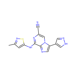 Cc1cc(Nc2nc(C#N)cn3c(-c4cn[nH]c4)cnc23)sn1 ZINC000072109721