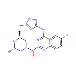 Cc1cc(Nc2nc(C(=O)N3C[C@H](C)N[C@@H](C)C3)nc3ccc(Cl)cc23)n[nH]1 ZINC001772612866