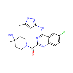 Cc1cc(Nc2nc(C(=O)N3CCC(C)(N)CC3)nc3ccc(Cl)cc23)n[nH]1 ZINC001772628720