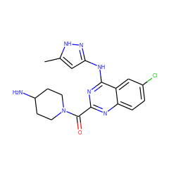 Cc1cc(Nc2nc(C(=O)N3CCC(N)CC3)nc3ccc(Cl)cc23)n[nH]1 ZINC001772623742