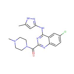 Cc1cc(Nc2nc(C(=O)N3CCN(C)CC3)nc3ccc(Cl)cc23)n[nH]1 ZINC001772592259