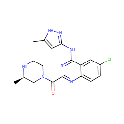 Cc1cc(Nc2nc(C(=O)N3CCN[C@H](C)C3)nc3ccc(Cl)cc23)n[nH]1 ZINC001772656781