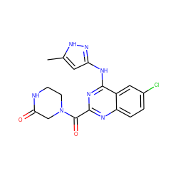 Cc1cc(Nc2nc(C(=O)N3CCNC(=O)C3)nc3ccc(Cl)cc23)n[nH]1 ZINC001772653568