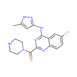 Cc1cc(Nc2nc(C(=O)N3CCNCC3)nc3ccc(Cl)cc23)n[nH]1 ZINC001772587900