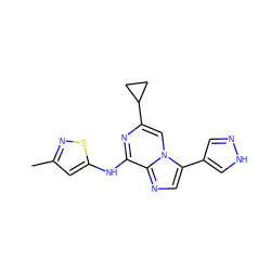 Cc1cc(Nc2nc(C3CC3)cn3c(-c4cn[nH]c4)cnc23)sn1 ZINC000072108920