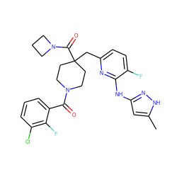 Cc1cc(Nc2nc(CC3(C(=O)N4CCC4)CCN(C(=O)c4cccc(Cl)c4F)CC3)ccc2F)n[nH]1 ZINC000261095969