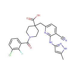 Cc1cc(Nc2nc(CC3(C(=O)O)CCN(C(=O)c4cccc(Cl)c4F)CC3)ccc2C#N)n[nH]1 ZINC000223399660