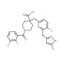 Cc1cc(Nc2nc(CC3(C(=O)O)CCN(C(=O)c4cccc(Cl)c4F)CC3)ccc2Cl)n[nH]1 ZINC000261154179