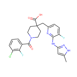 Cc1cc(Nc2nc(CC3(C(=O)O)CCN(C(=O)c4cccc(Cl)c4F)CC3)ccc2F)n[nH]1 ZINC000223394162