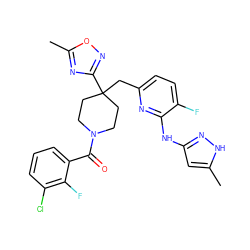 Cc1cc(Nc2nc(CC3(c4noc(C)n4)CCN(C(=O)c4cccc(Cl)c4F)CC3)ccc2F)n[nH]1 ZINC000261080507