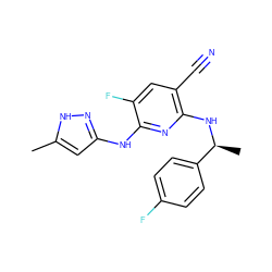 Cc1cc(Nc2nc(N[C@@H](C)c3ccc(F)cc3)c(C#N)cc2F)n[nH]1 ZINC000043205072