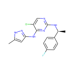 Cc1cc(Nc2nc(N[C@@H](C)c3ccc(F)cc3)ncc2Cl)n[nH]1 ZINC000040391548