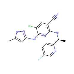 Cc1cc(Nc2nc(N[C@@H](C)c3ccc(F)cn3)c(C#N)cc2Cl)n[nH]1 ZINC000071316518